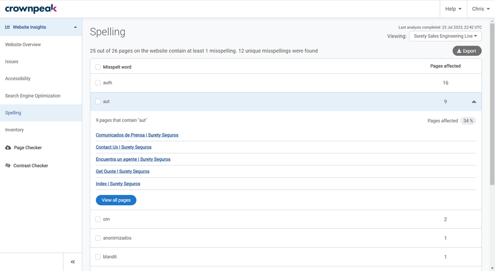 Website Insights _ Spelling _ Crownpeak DQM.png
